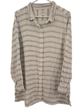 GARNET HILL " EASY LINEN"  LINEN TUNIC W/ BLACK AND WHITE STRIPES. SIZE LARGE.